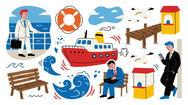Set of travel and work illustrations featuring business people, marine vessels, wooden pier, bench and waves for vacation and commuter design