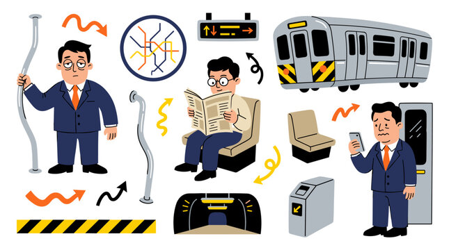 Set of commuting people and public transport elements including subway train, passenger characters, navigation map and interior seating, travel