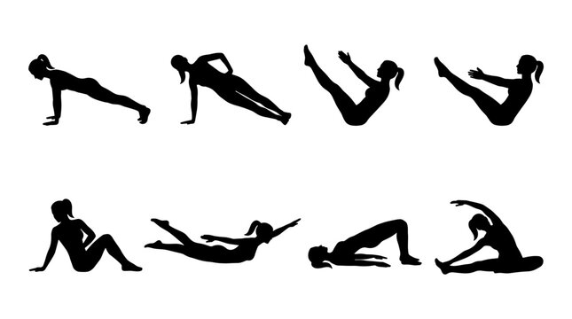 Set of black silhouettes of a woman practicing pilates, varied yoga poses for fitness training, wellness, body flexibility, strength and health