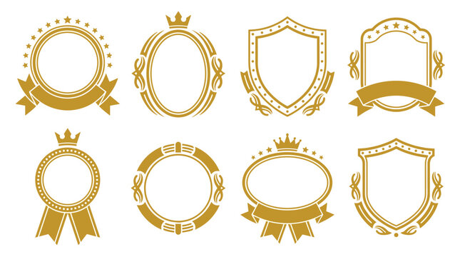Set of golden vintage ornamental frames and shield crests, decorative border elements with ribbons for luxury labels, badges, invitation cards