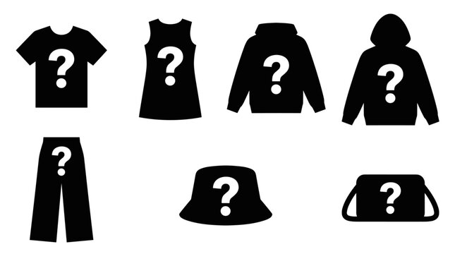 Set of black clothing silhouettes with question marks representing mystery, fashion uncertainty, apparel selection, wardrobe choice, confusion