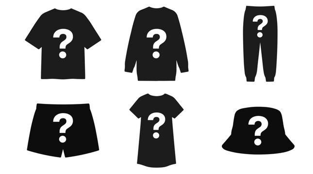 Set of apparel silhouettes featuring question marks representing mystery, fashion uncertainty, clothing selection, wardrobe dilemma, retail choices