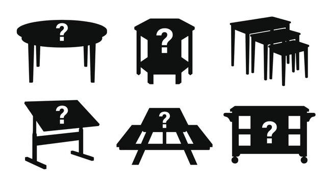 Set of black furniture silhouettes with question marks, interior design mystery, table variety, home furnishings, uncertain furniture selection