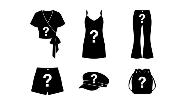 Set of black clothing silhouettes with question marks representing wardrobe uncertainty, fashion mystery, shopping dilemma, choice and indecision