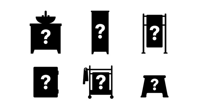 Set of black silhouette question mark sign icons, uncertainty and mystery symbols, signage for directions or hidden items, vector illustration