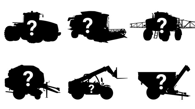 Set of black agricultural machinery silhouettes with white question marks, farming equipment icons, guessing game, mystery tractor and harvester