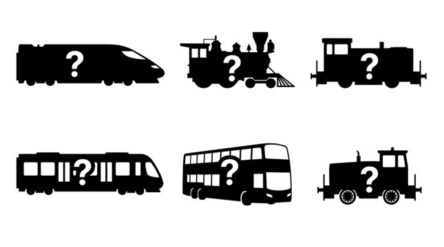 Set of black train and bus transport silhouettes with question marks, mystery journey, travel mystery, transportation mystery, guessing game