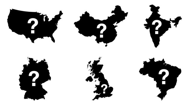 Set of black silhouette world country maps with white question marks, geography mystery, unknown travel destinations, uncertainty in global politics
