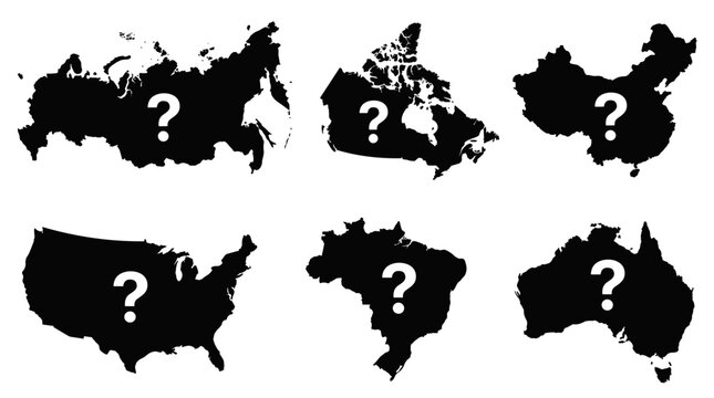 Set of black silhouette country maps with white question marks, geography quiz, unknown territory, geopolitical uncertainty, exploration, travel