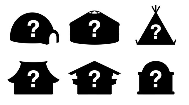 Set of silhouettes of different types of houses with question marks, mystery architecture, real estate quiz, identifying home styles, unknown