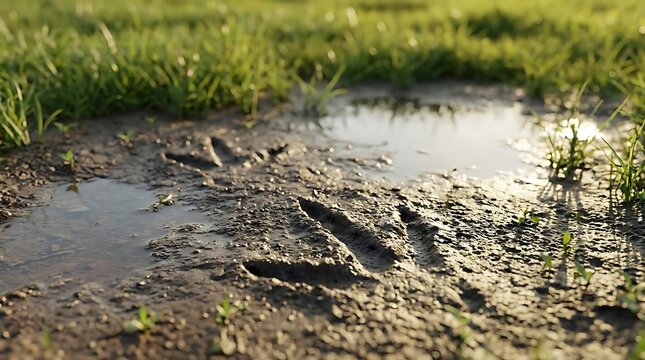 Close-up of bird footprints in the muddy ground of a protected turkey conservation area with morning light reflecting in shallow water puddles outdoors