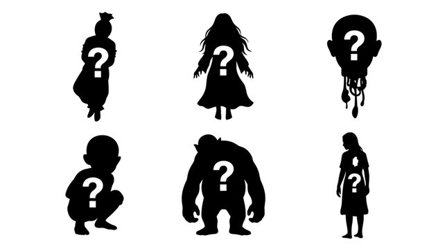 Set of black silhouette characters with question marks representing mystery, unidentified identity, missing person, unknown suspect or hidden