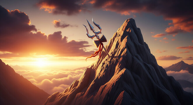 Majestic mountain peak adorned with a sacred trident reaching towards the heavens.