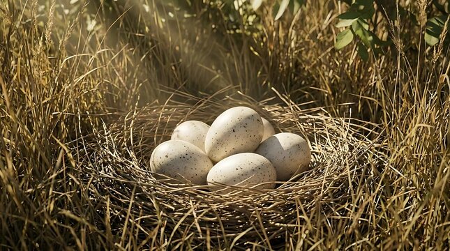 A clutch of speckled wild turkey conservation area eggs resting in a dry grass nest under warm sunlight, symbolizing successful avian reproduction.