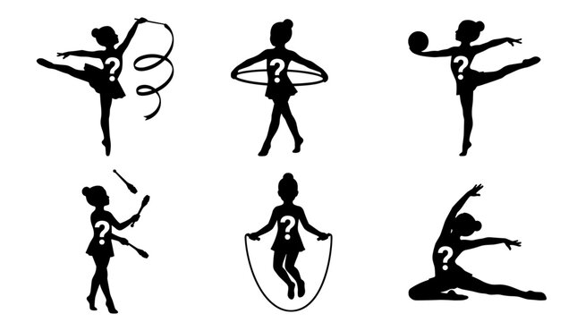 Set of black silhouettes of gymnasts featuring question marks on their chests, rhythmic gymnastics poses, athletic motion, sports competition, icon