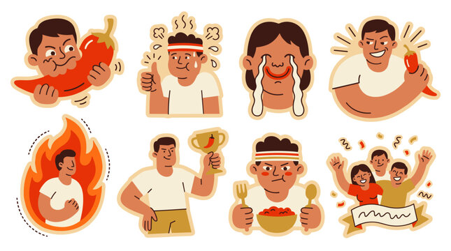 Set of vector stickers showing people eating spicy chili peppers, expressing heat, sweat, victory, and enjoyment, vibrant flat illustrations