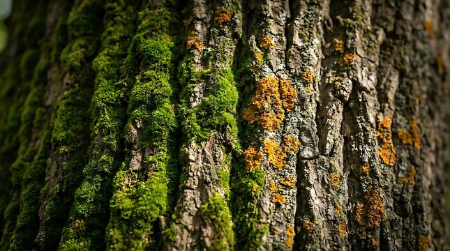 A close-up view of vibrant green moss and orange lichen on ancient tree bark found in a turkey conservation area, showcasing natural woodland textures.