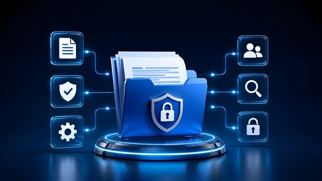 Secure digital folder containing documents with glowing interface icons representing private network file management