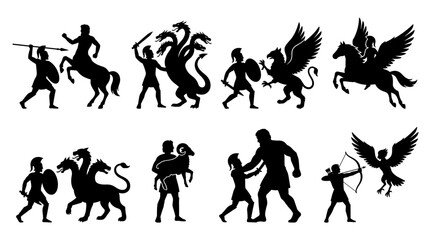 Naklejka premium Set of ancient greek warrior silhouettes, mythological heroes fighting monsters, centaurs, hydra and pegasus, flat vector icons for historical