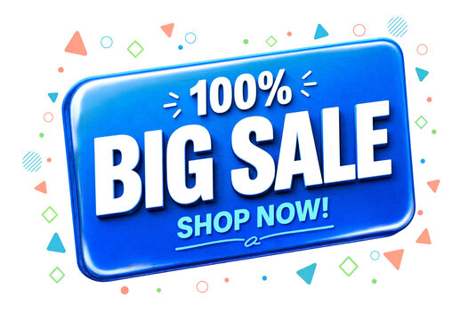 Bright blue big sale banner with bold white text and colorful confetti design isolated
