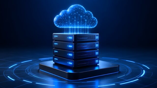 Cloud computing server stack with glowing digital network infrastructure representing online data storage