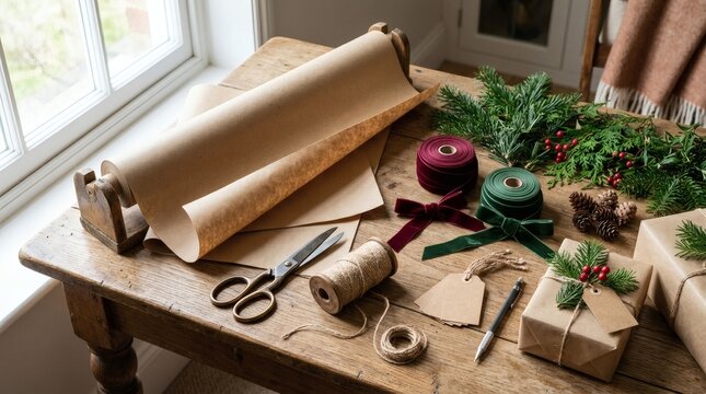 Christmas gift wrapping station with craft paper ribbon scissors twine and pine cones on a wooden table