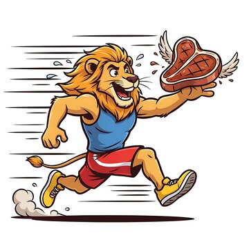 Cartoon lion athlete running fast while holding a flying piece of steak