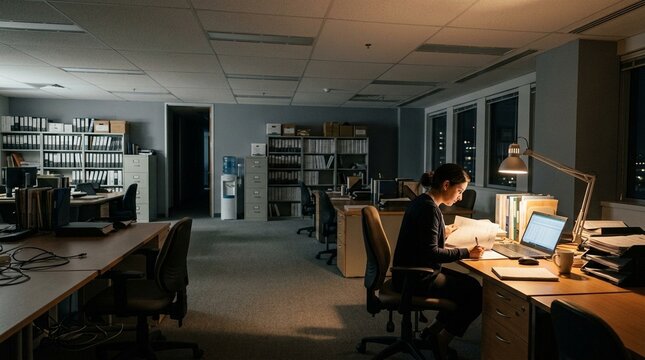 Quiet Audit Room with a Reviewer Working Alone Under Soft Desk Lighting (Wide Shot)