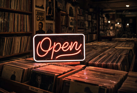 Bright neon open sign glowing warmly in a cozy vintage record store filled with vinyl albums