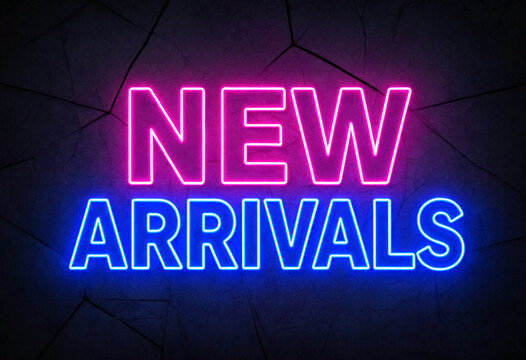 Bright neon sign displaying new arrivals with vibrant pink and blue colors