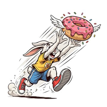 Cartoon style rabbit wearing sportswear running and chasing a delicious flying winged pink glazed donut