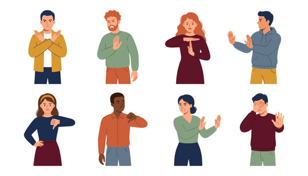 Diverse people showing negative gestures set with stop sign cross hands timeout thumb down and refusal flat vector illustration