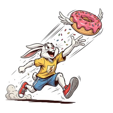 Cartoon style rabbit athlete running to catch a flying donut with pink icing and sprinkles