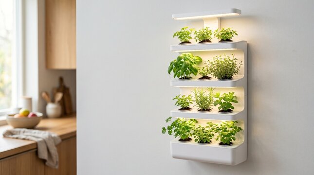 Modern vertical herb garden with integrated LED grow lights on a white kitchen wall