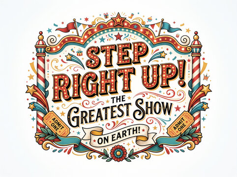Vintage Circus Step Right Up Emblem with Carnival Flags Tickets and Decorative Frame