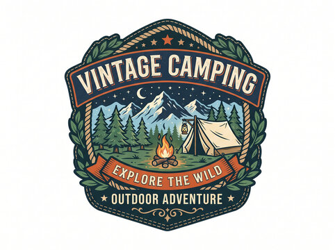 Vintage Camping Outdoor Adventure Badge Emblem with Mountain Campfire and Tent Illustration
