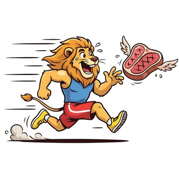 Cartoon style athletic lion character running fast to catch a flying piece of raw steak