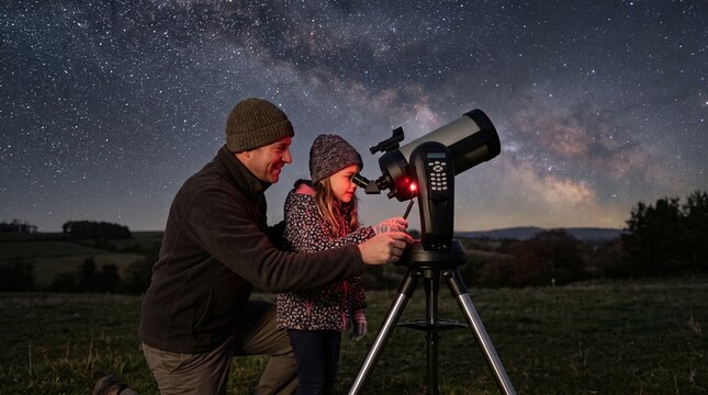 Father and daughter looking at stars through a telescope at night in rural landscape