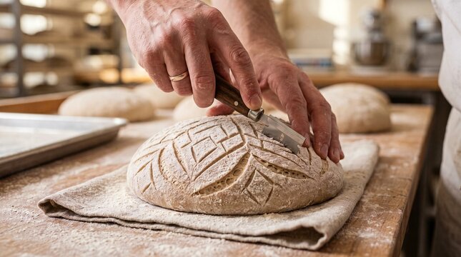 Baker scoring sourdough loaf with a lame in a professional bakery kitchen