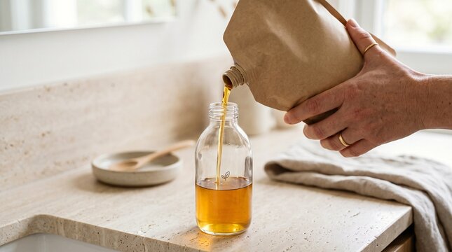 Refilling glass shampoo bottle from sustainable paper pouch on stone counter
