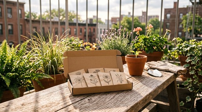 Native wildflower seed kit on a sunny urban balcony garden bench