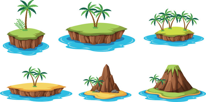 Tropical island vector collection featuring small floating land masses with palm trees sandy beaches mountains and blue water