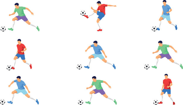 Soccer player vector collection featuring male athletes in dynamic poses dribbling kicking and running with footballs isolated