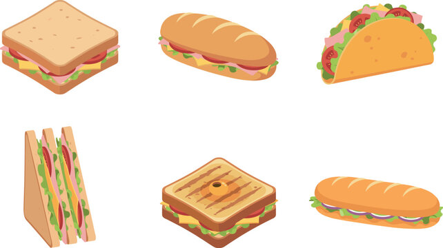 Delicious fast food vector set featuring various sandwiches sub baguettes grilled paninis and a taco isolated on white