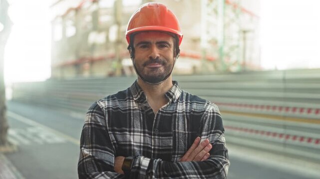 Man engineer in red hardhat crosses arms showing smartwatch and chin strap at building site; confidence expertise.