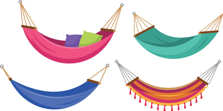 Set of colorful hammocks hanging vector illustration for summer vacation outdoor relaxation backyard leisure camp and tropical beach comfort, (19 words)