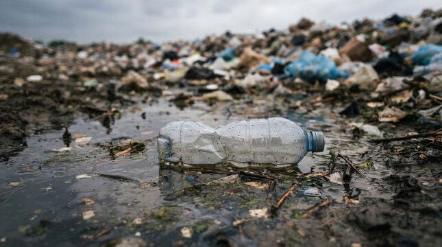 Close up discarded transparent plastic water bottle floating muddy puddle water blurry trash dump background water pollution planetary ecology crisis global problem commercial concept