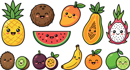 Fototapeta premium Cute Fruit Characters Set, Kawaii Style Illustration. Tropical Fruit Icons, Cheerful Design Elements