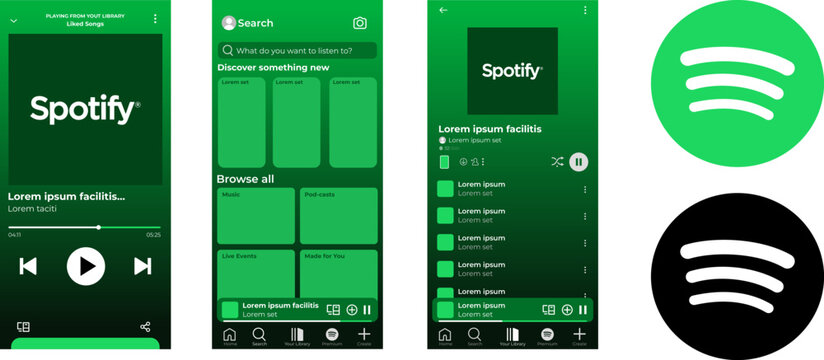 Spotify music streaming app interface design template with modern green mockups, mobile app UI vector elements, digital media player layout screens