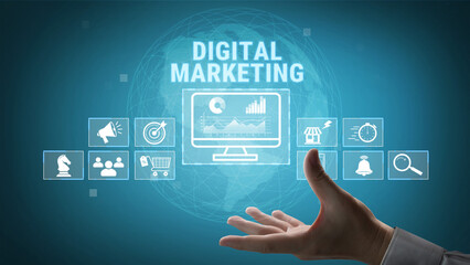 Obraz premium Hand Reaching Out Towards Digital Marketing Interface with Various Symbols for Growth Strategies and Online Presence Enhancement Quark.